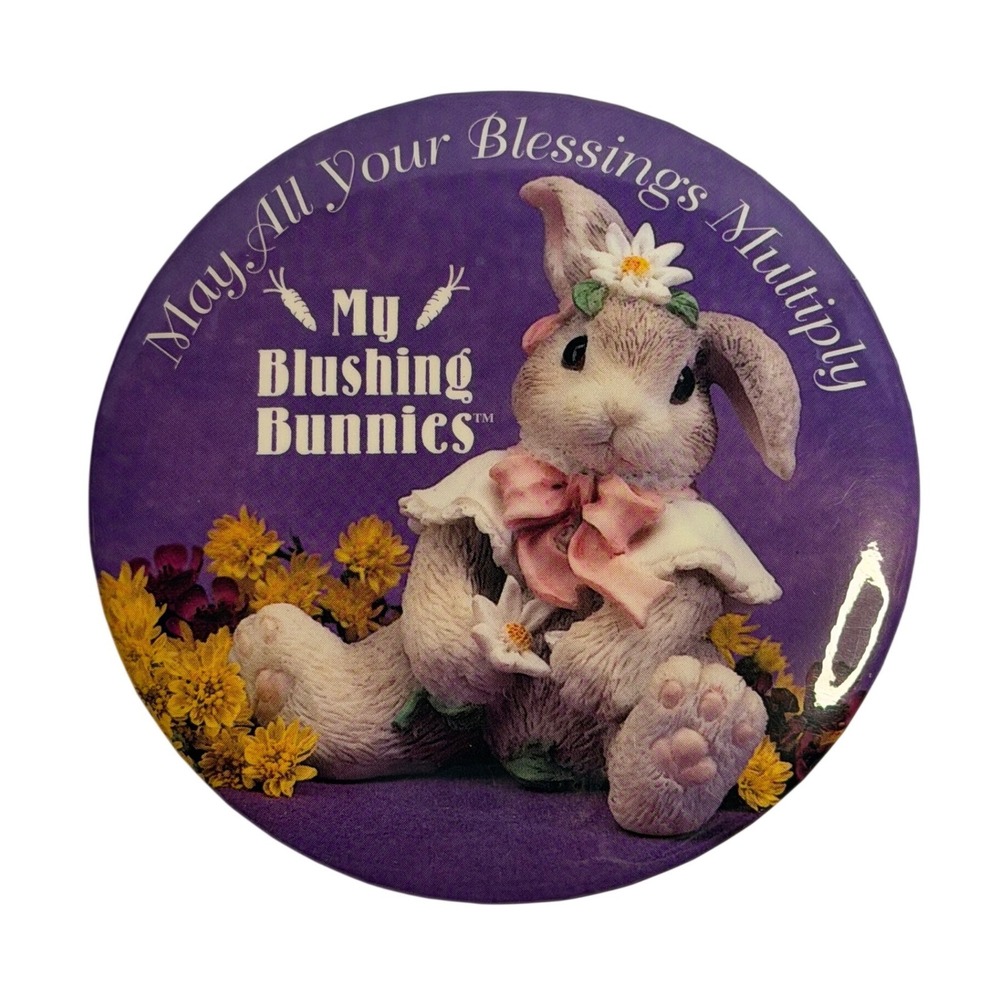 VTG Enesco Pinback Button Purple My Blushing‎ Bunnies Easter Blessings Multiply